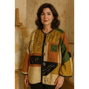 Vintage Alex Kim Artsy Jacket Womens Large Mixed Print Art To Wear Crow‎ Buttons